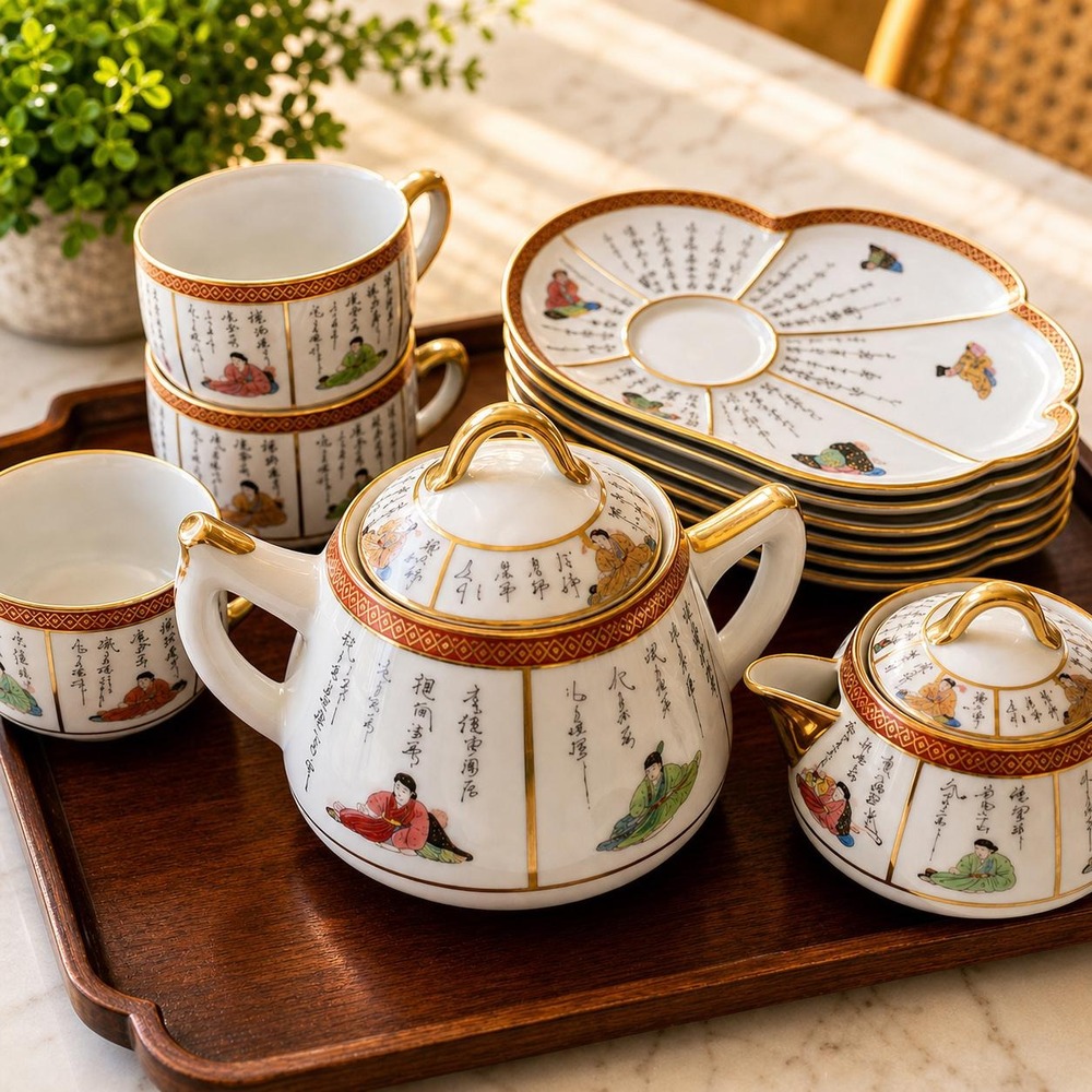Antique Vintage Japanese KUTANI 100 Poets Porcelain Tea Set Gold Gilt